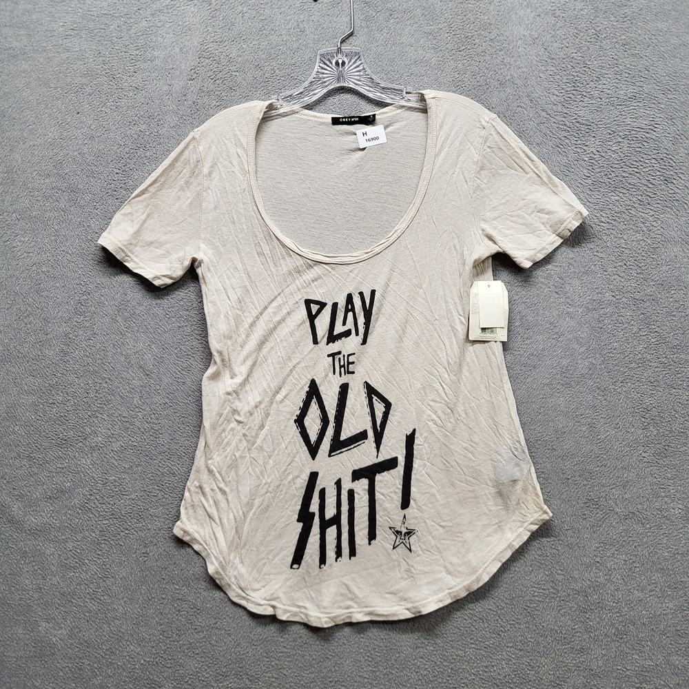 Obey Women Shirt SMALL Dusty Rose Grey Graphic Tee Scoop Neck Pullover NWT